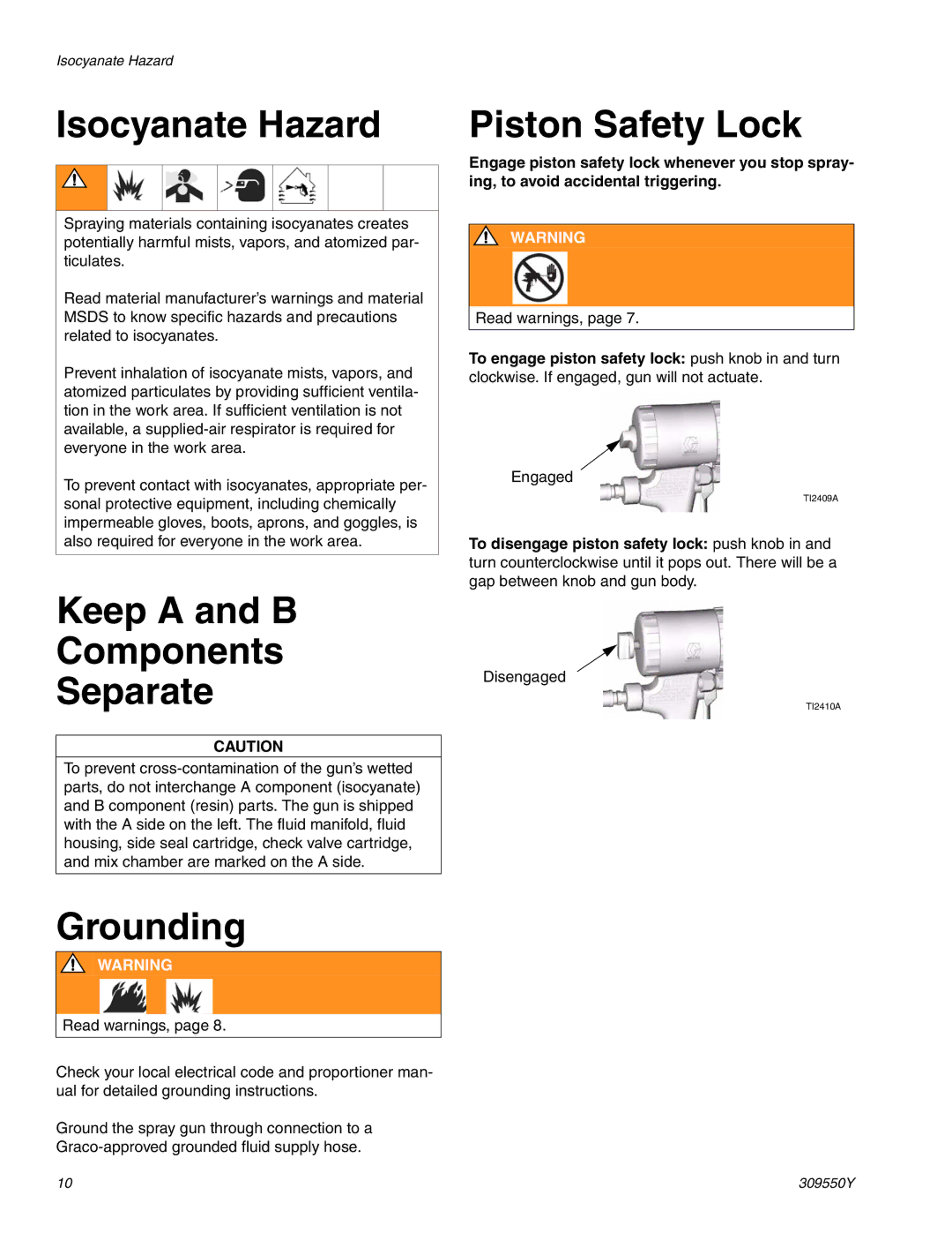 Graco 309550Y Isocyanate Hazard, Keep a and B Components Separate, Grounding, Piston Safety Lock 