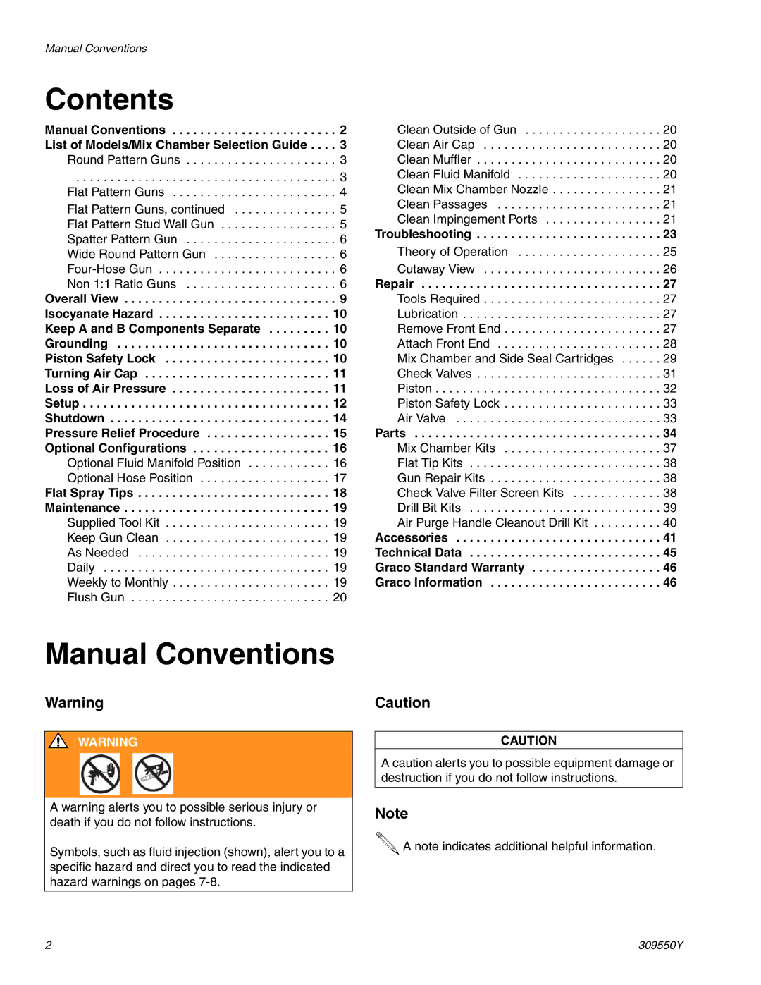 Graco 309550Y important safety instructions Contents, Manual Conventions 