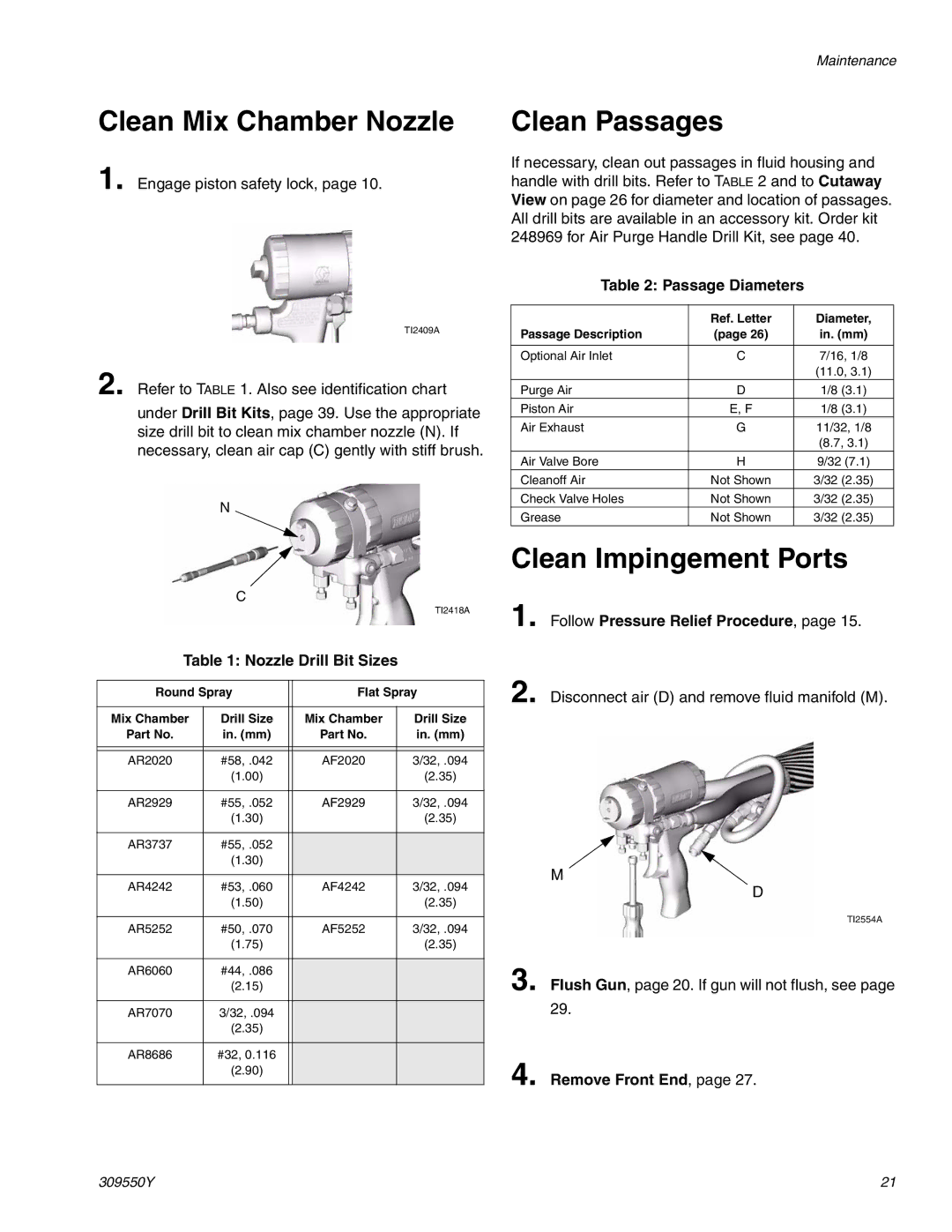 Graco 309550Y Clean Mix Chamber Nozzle, Clean Passages, Clean Impingement Ports, Nozzle Drill Bit Sizes, Passage Diameters 