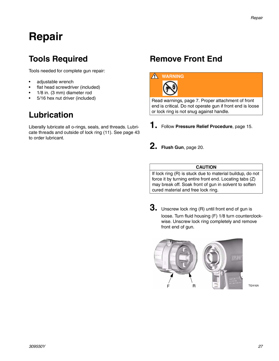 Graco 309550Y important safety instructions Repair, Tools Required, Lubrication, Remove Front End 