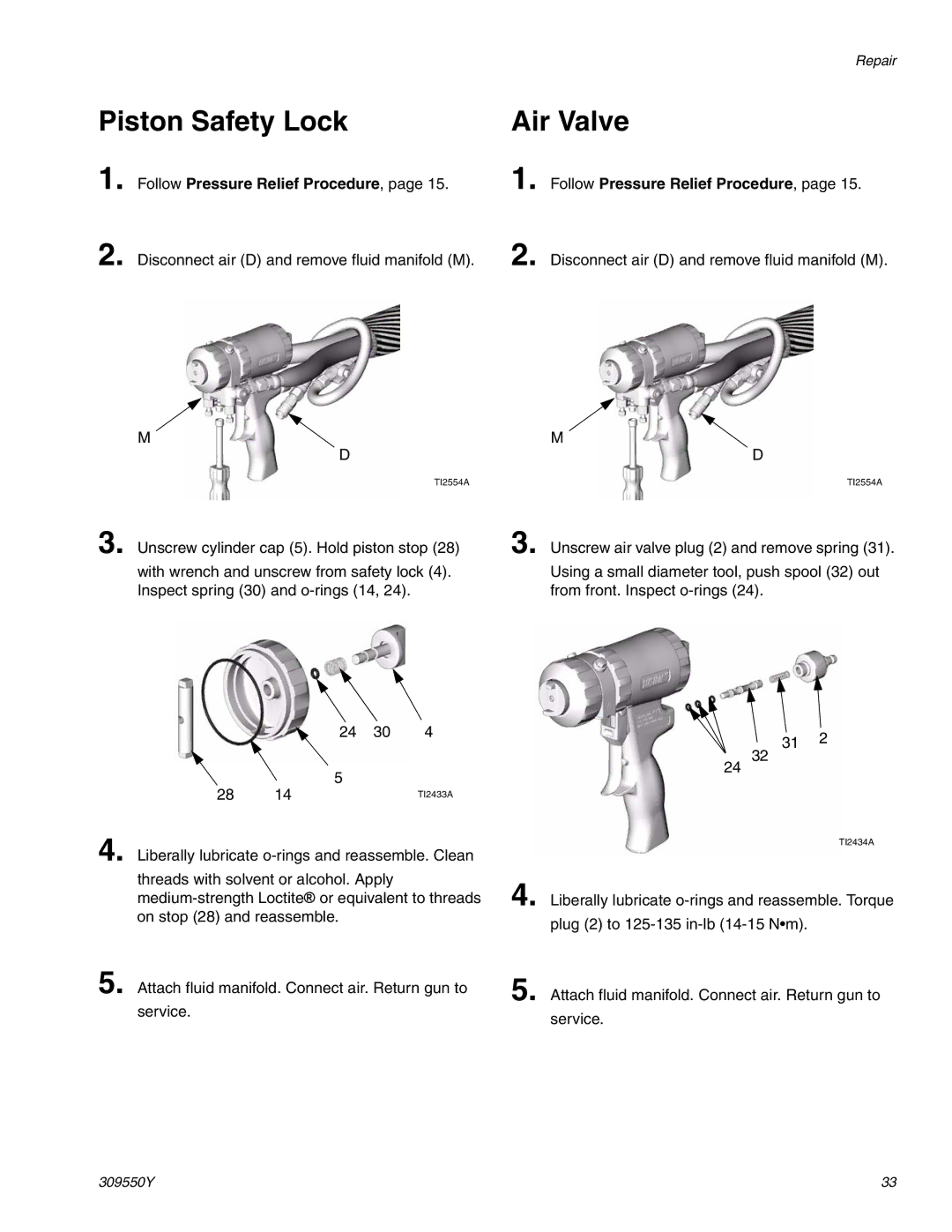 Graco 309550Y important safety instructions Piston Safety Lock, Air Valve 