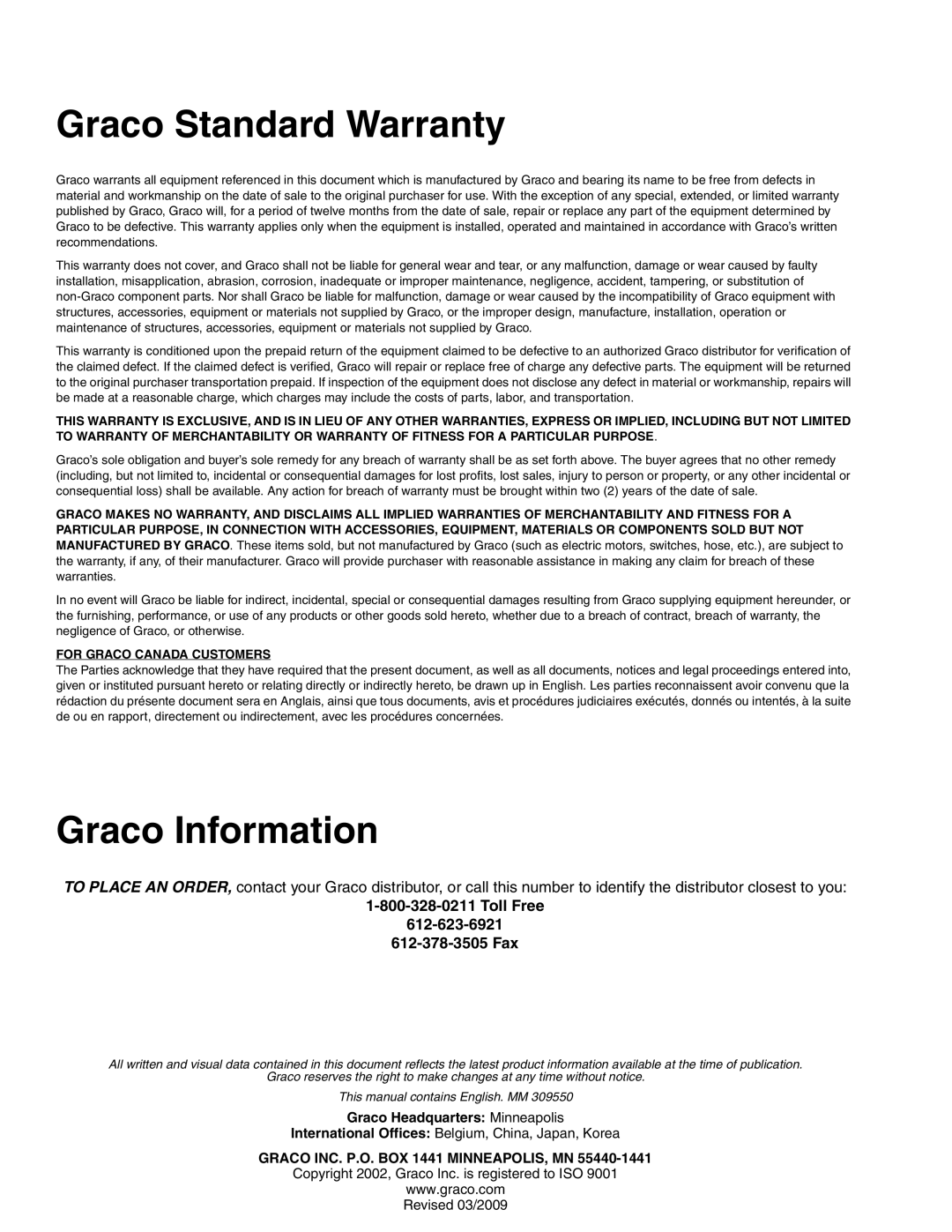 Graco 309550Y important safety instructions Graco Standard Warranty, Graco Information, Toll Free 