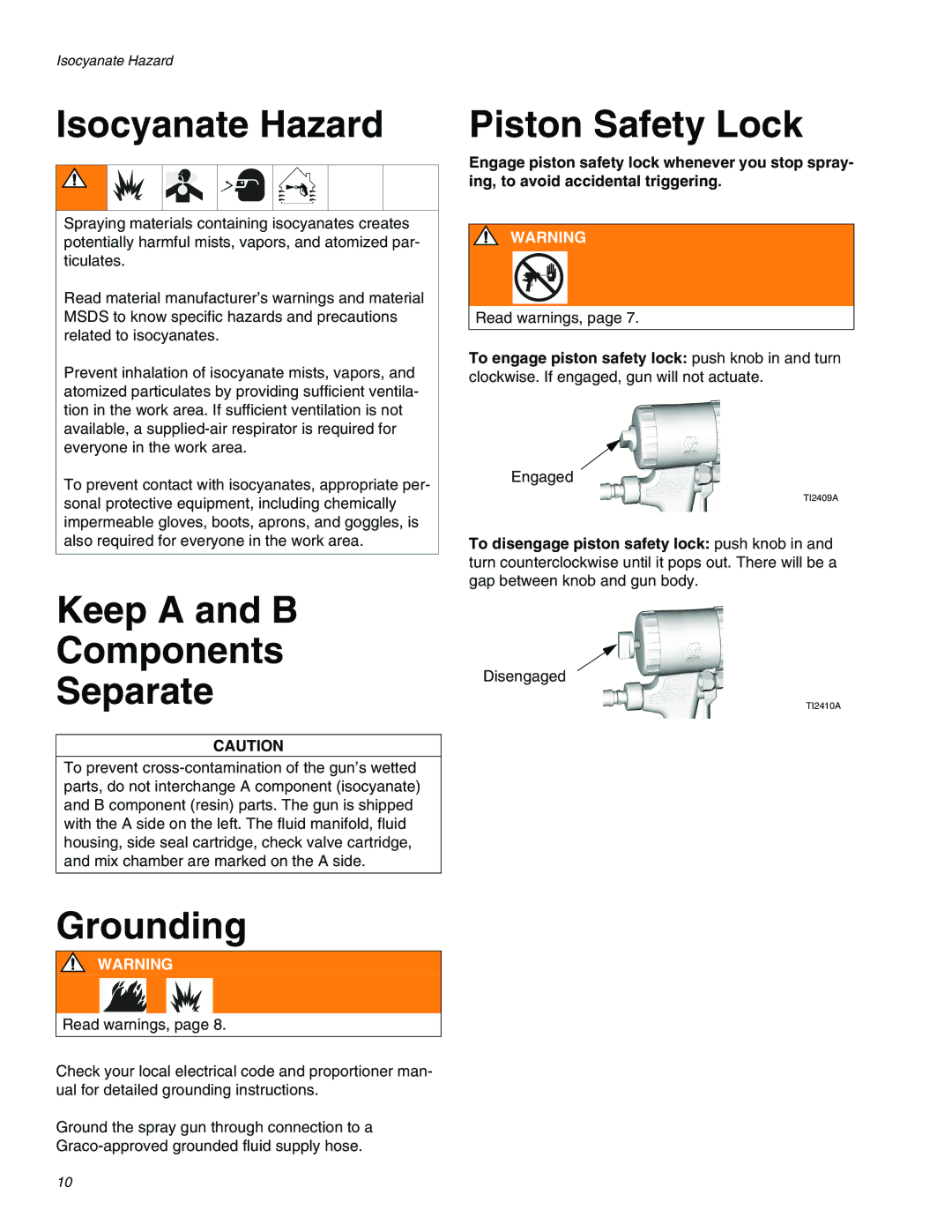 Graco 309550ZAE Isocyanate Hazard, Keep a and B Components Separate, Grounding, Piston Safety Lock 