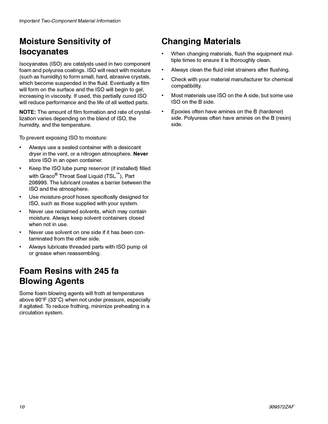 Graco 309572ZAF Moisture Sensitivity Isocyanates, Foam Resins with 245 fa Blowing Agents, Changing Materials 