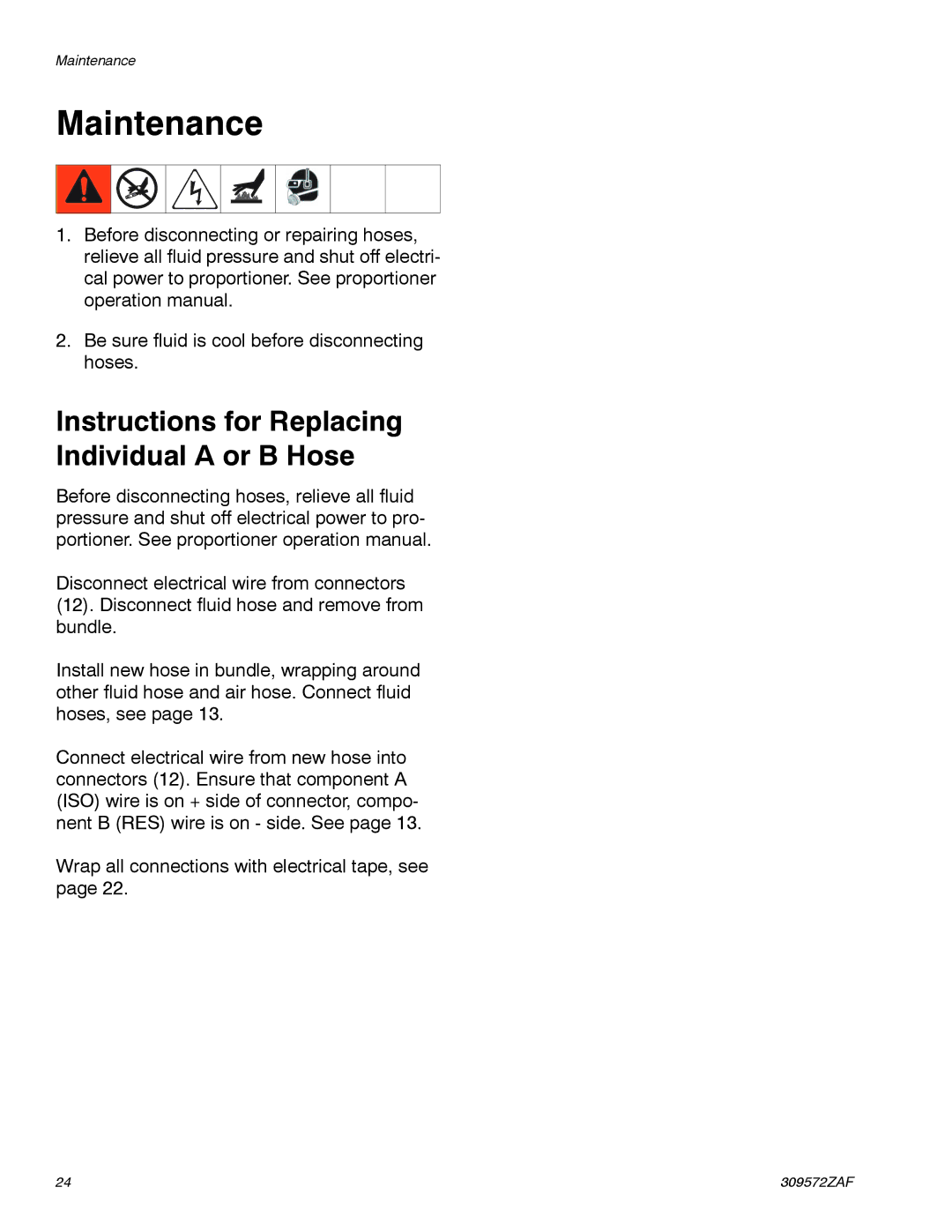 Graco 309572ZAF important safety instructions Maintenance, Instructions for Replacing Individual a or B Hose 