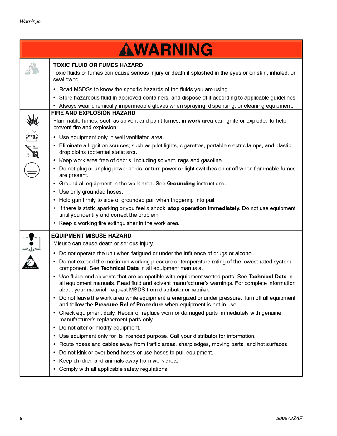 Graco 309572ZAF important safety instructions Toxic Fluid or Fumes Hazard 