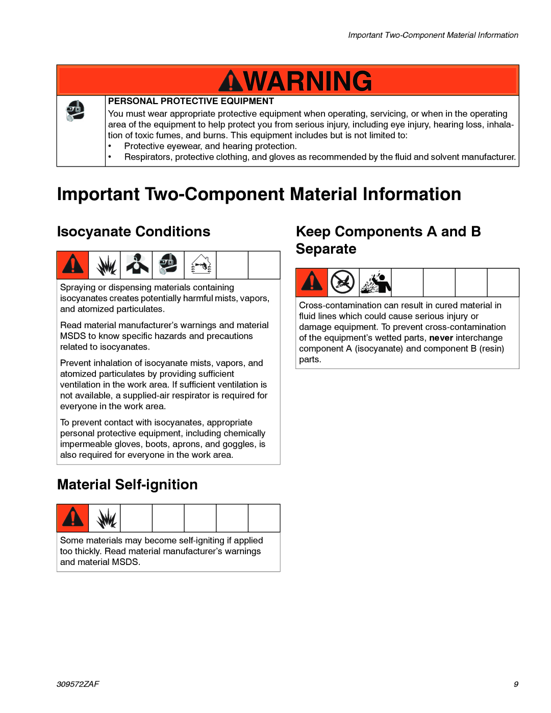 Graco 309572ZAF Isocyanate Conditions, Material Self-ignition, Keep Components a and B Separate 