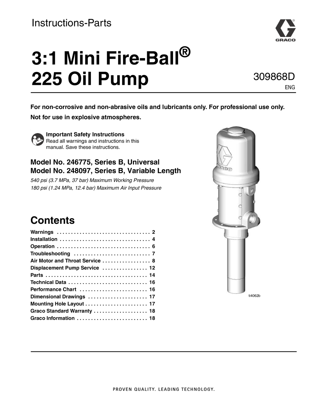 Graco 309868D important safety instructions Mini Fire-Ball225 Oil Pump, Contents 