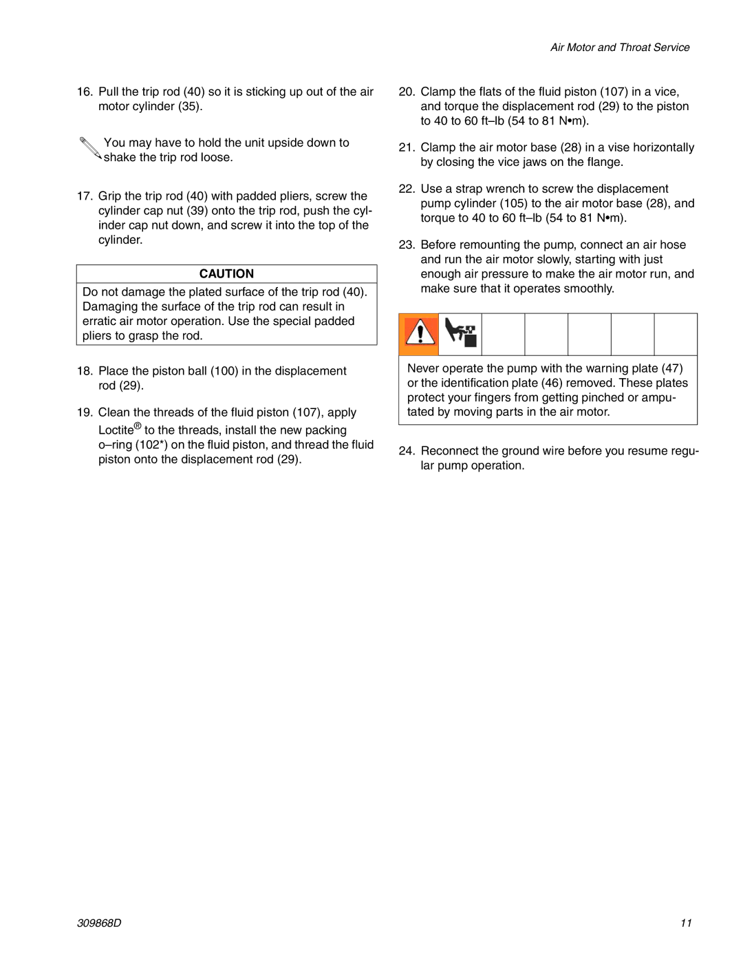 Graco 309868D important safety instructions Air Motor and Throat Service 