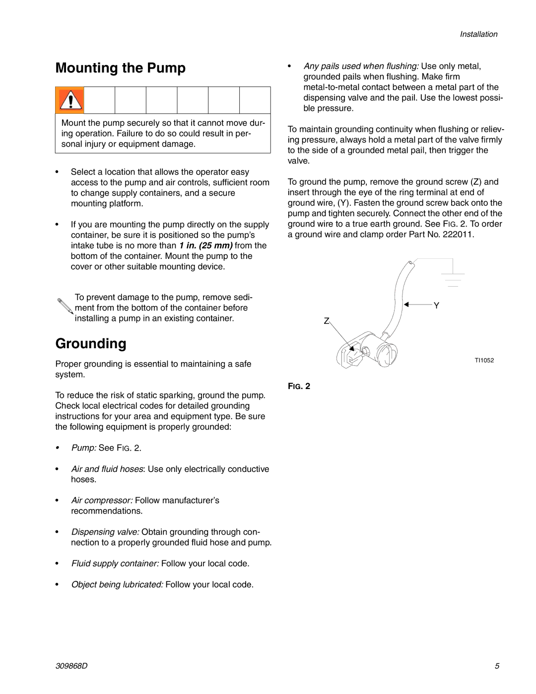 Graco 309868D important safety instructions Mounting the Pump, Grounding 