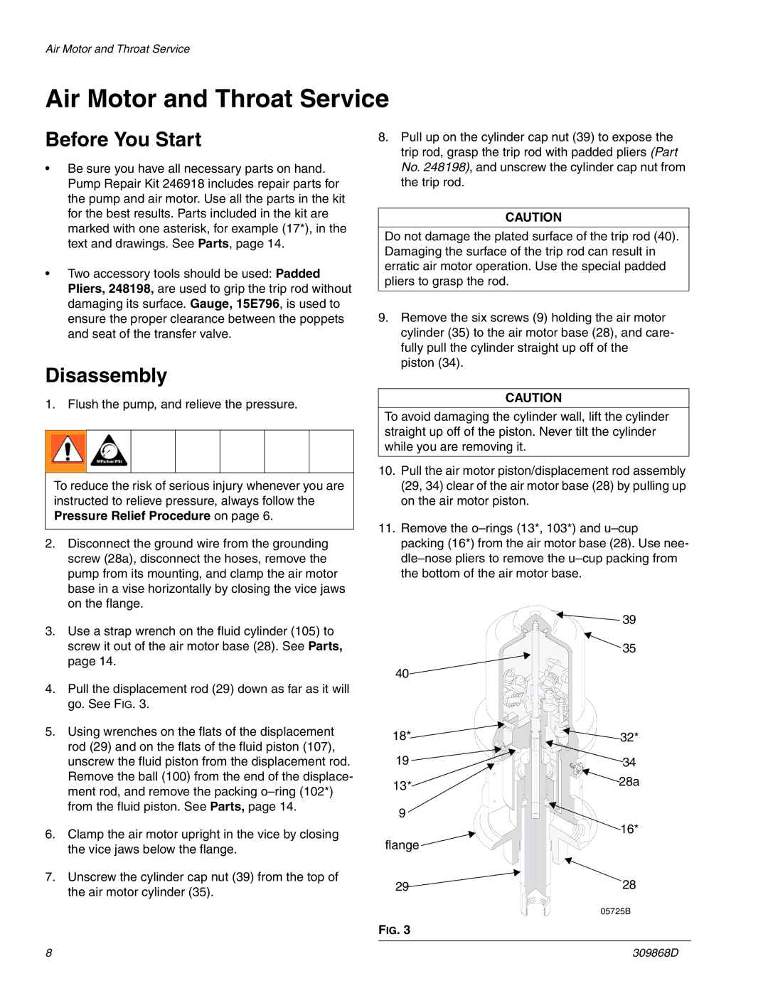 Graco 309868D important safety instructions Air Motor and Throat Service, Before You Start, Disassembly 