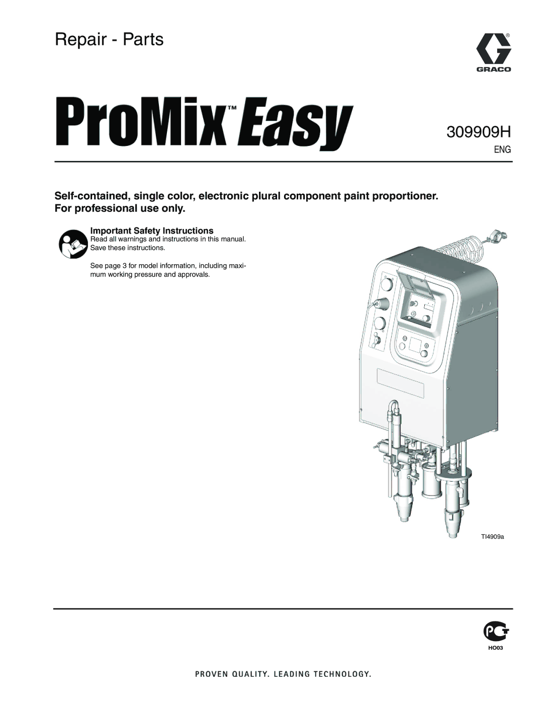 Graco 309909H important safety instructions Repair Parts, Important Safety Instructions 