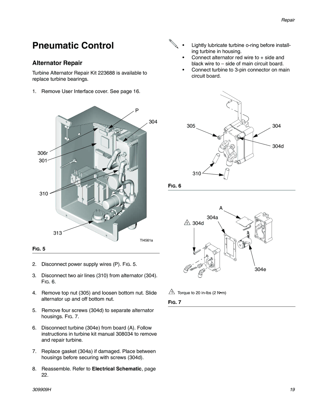 Graco 309909H important safety instructions Pneumatic Control, Alternator Repair 