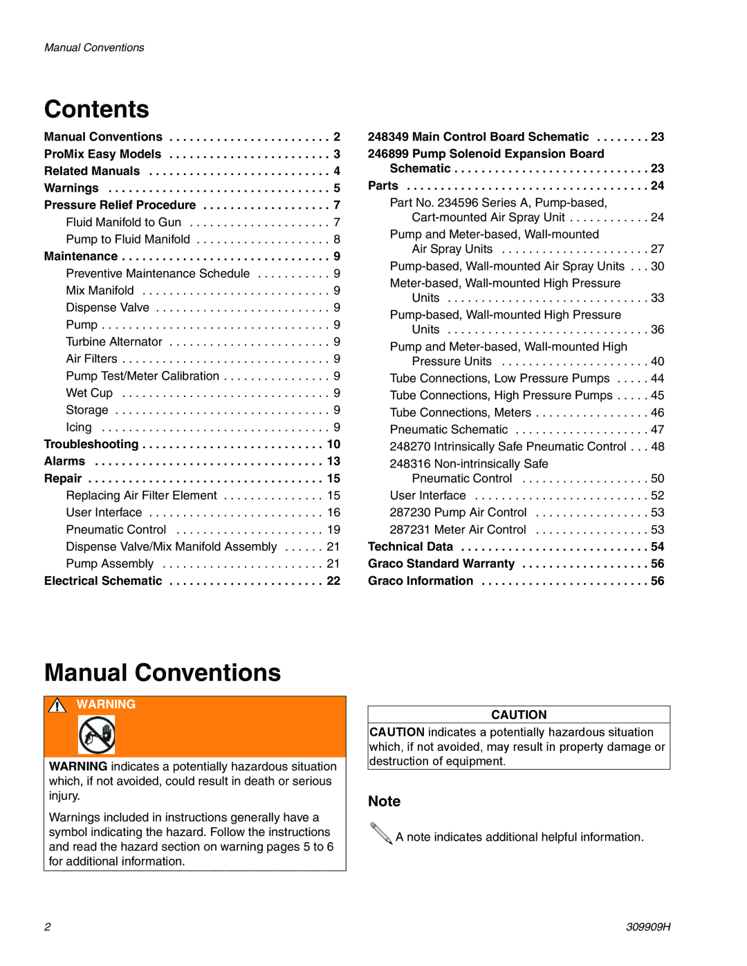 Graco 309909H important safety instructions Contents, Manual Conventions 