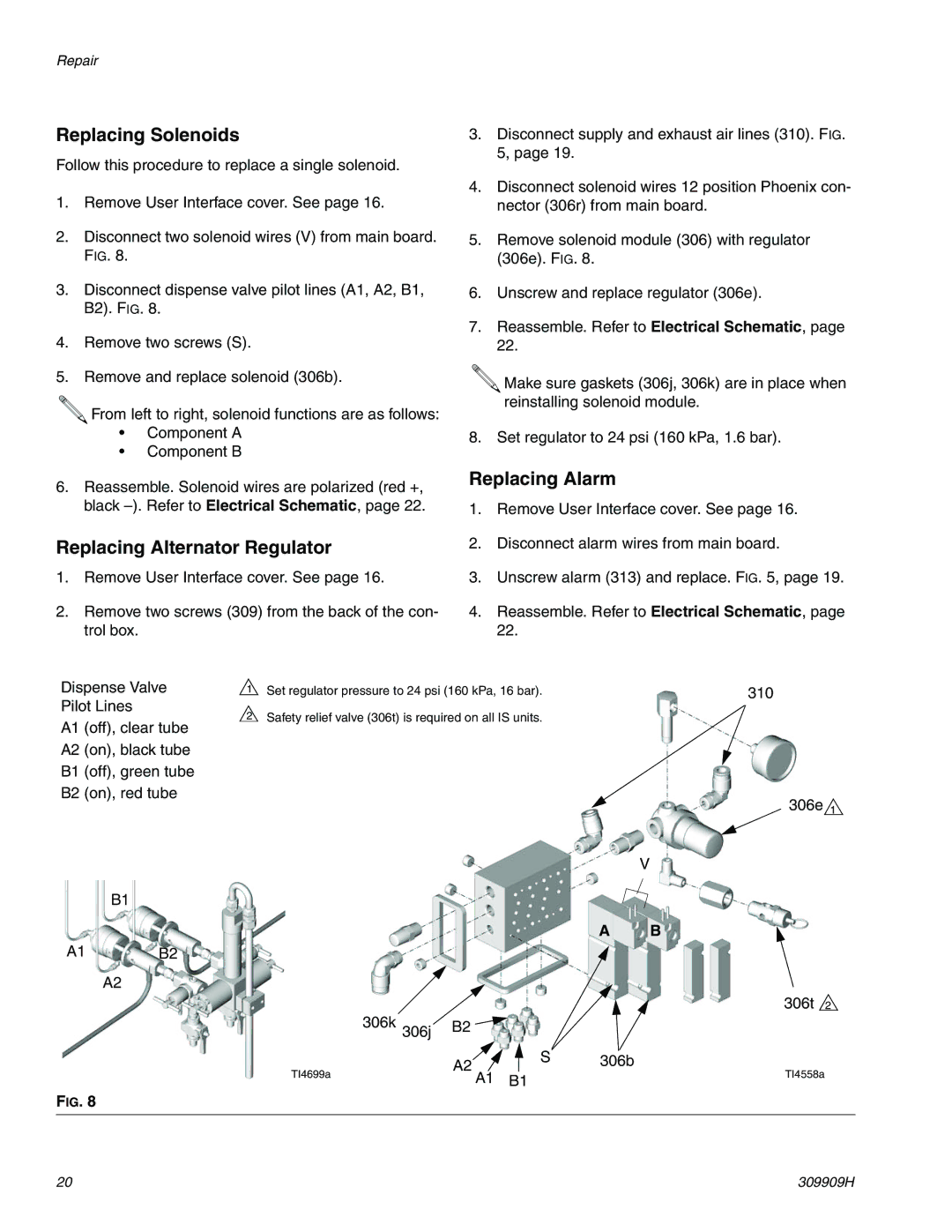 Graco 309909H important safety instructions Replacing Solenoids, Replacing Alternator Regulator, Replacing Alarm 