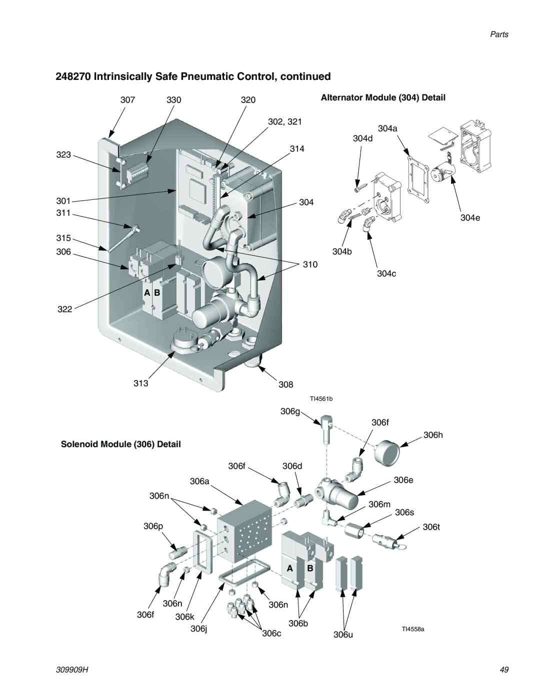 Graco 309909H important safety instructions Alternator Module 304 Detail, Solenoid Module 306 Detail 