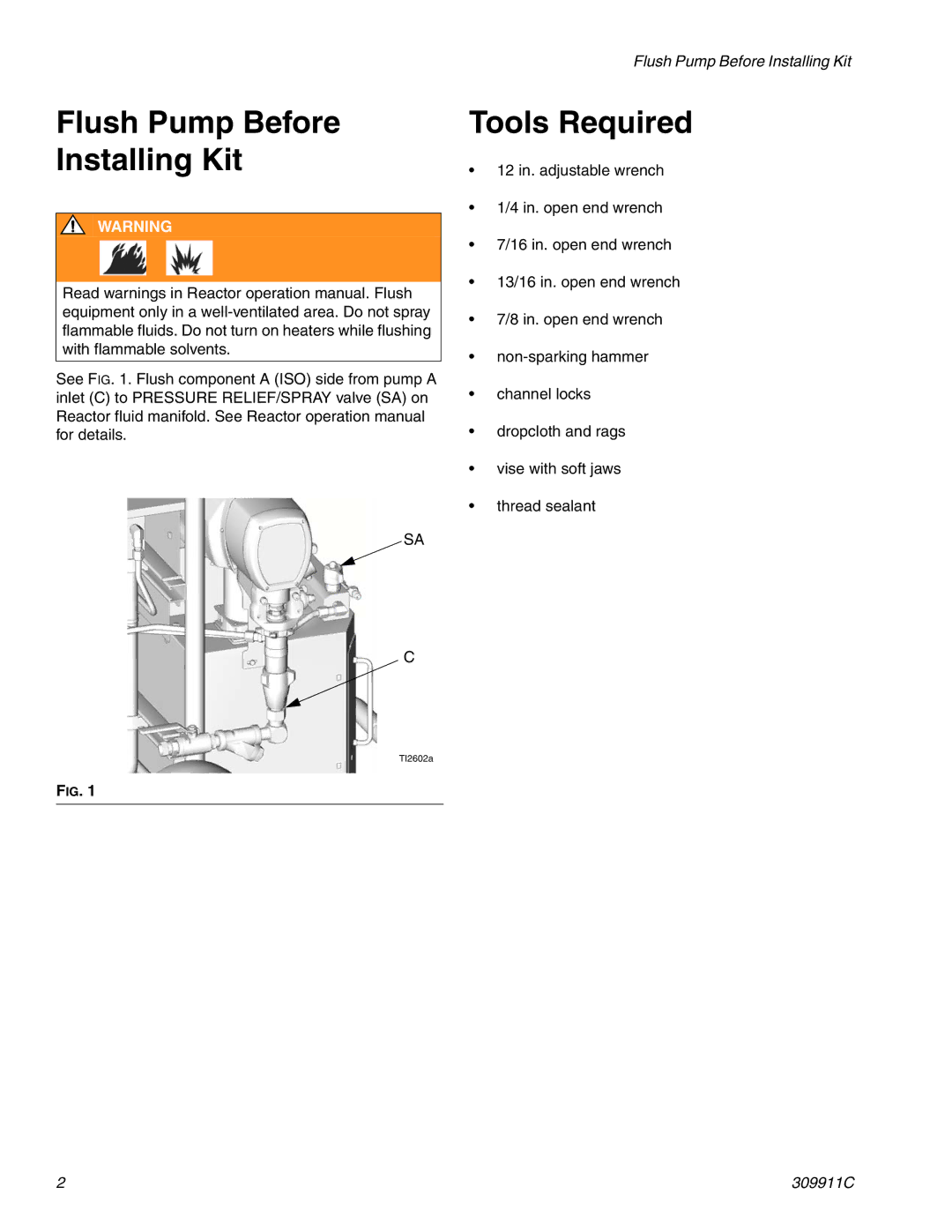 Graco 309911C manual Flush Pump Before Installing Kit, Tools Required 