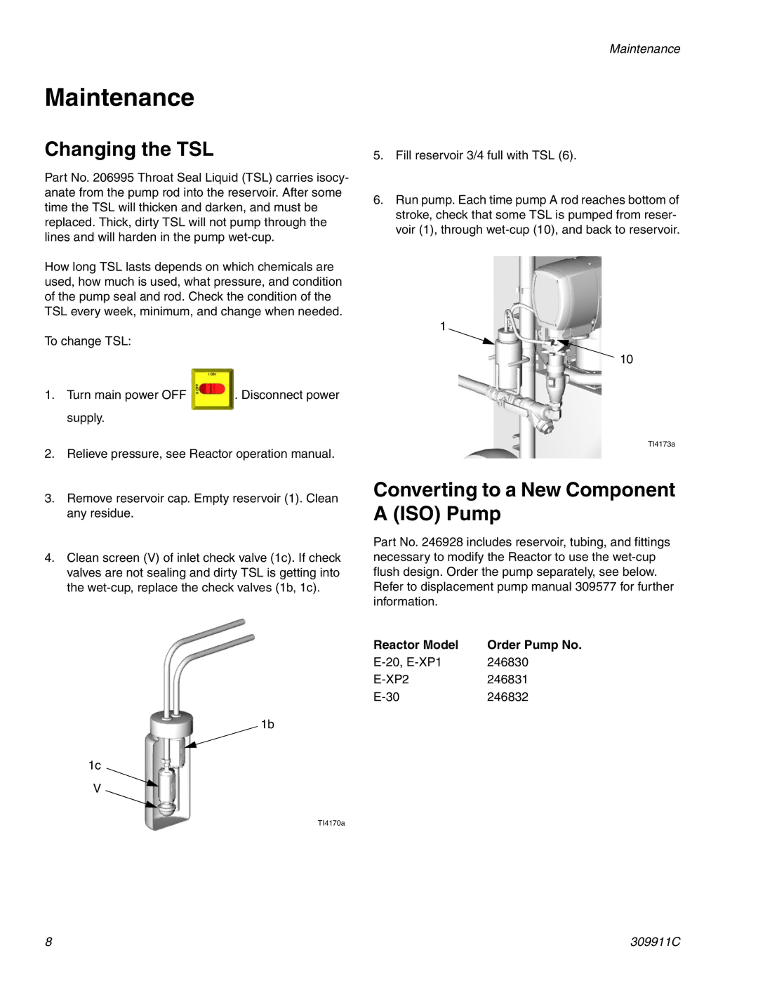 Graco 309911C manual Maintenance, Reactor Model Order Pump No 