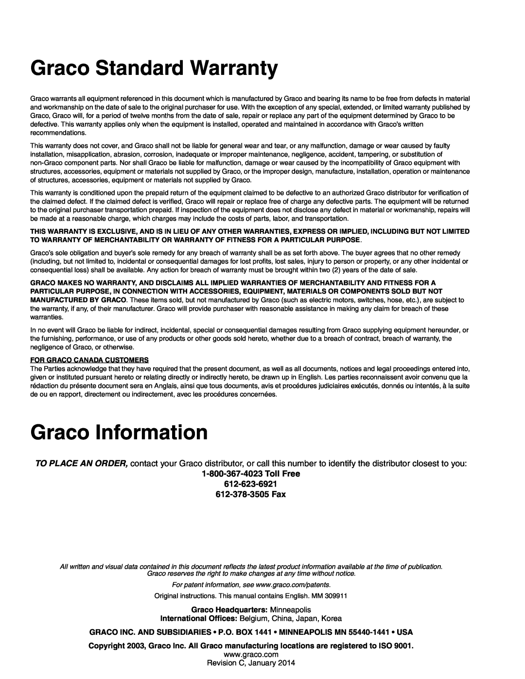 Graco 309911C manual Graco Standard Warranty, Graco Information 