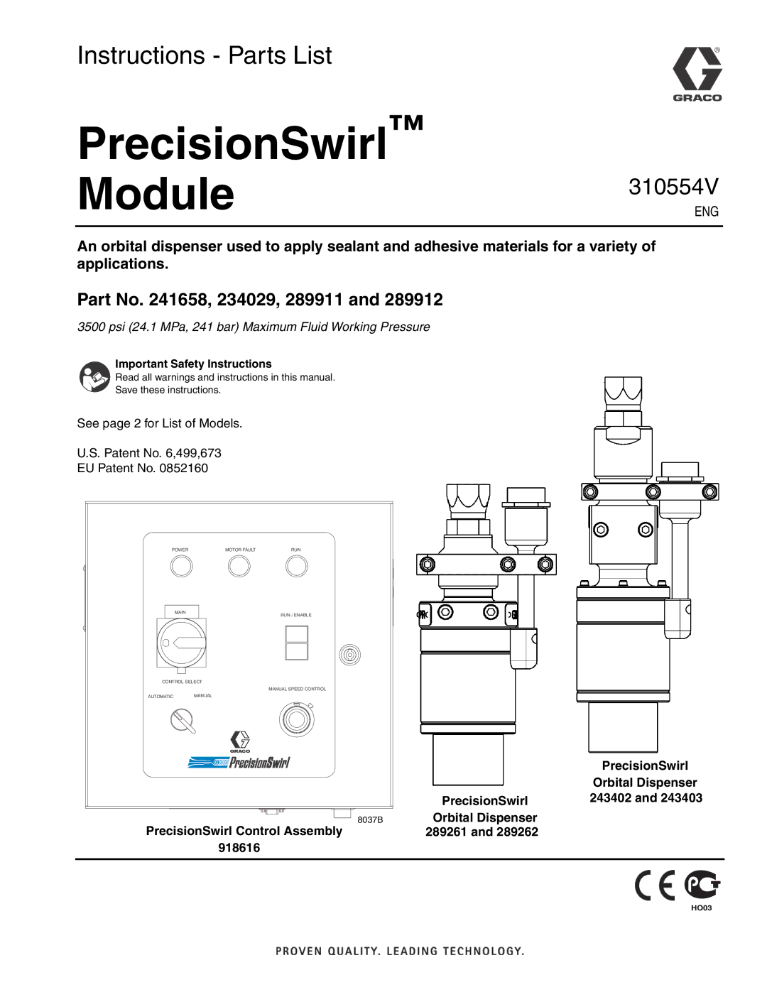 Graco 310554V important safety instructions PrecisionSwirl, Orbital Dispenser 