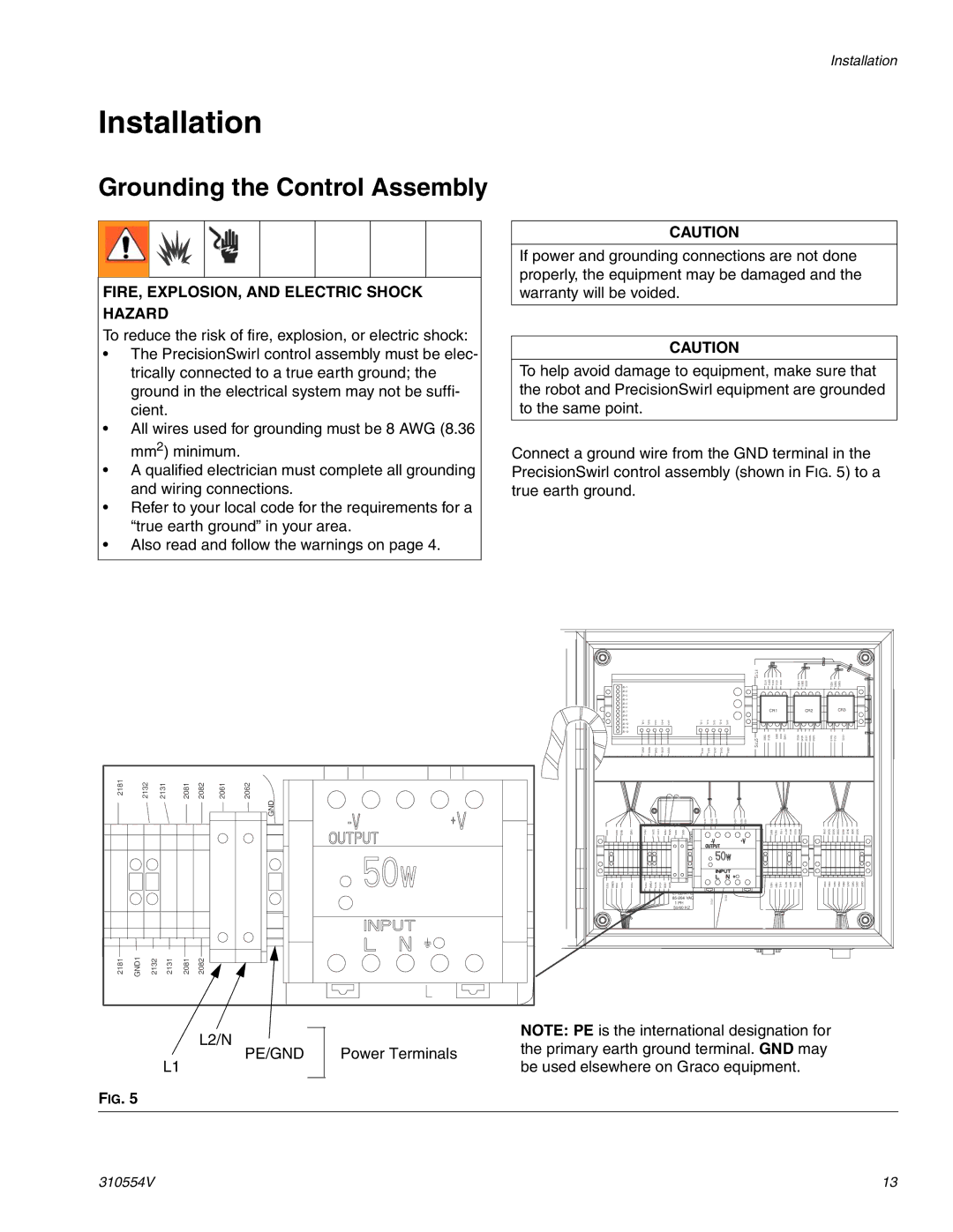 Graco 310554V Installation, Grounding the Control Assembly, FIRE, EXPLOSION, and Electric Shock Hazard 