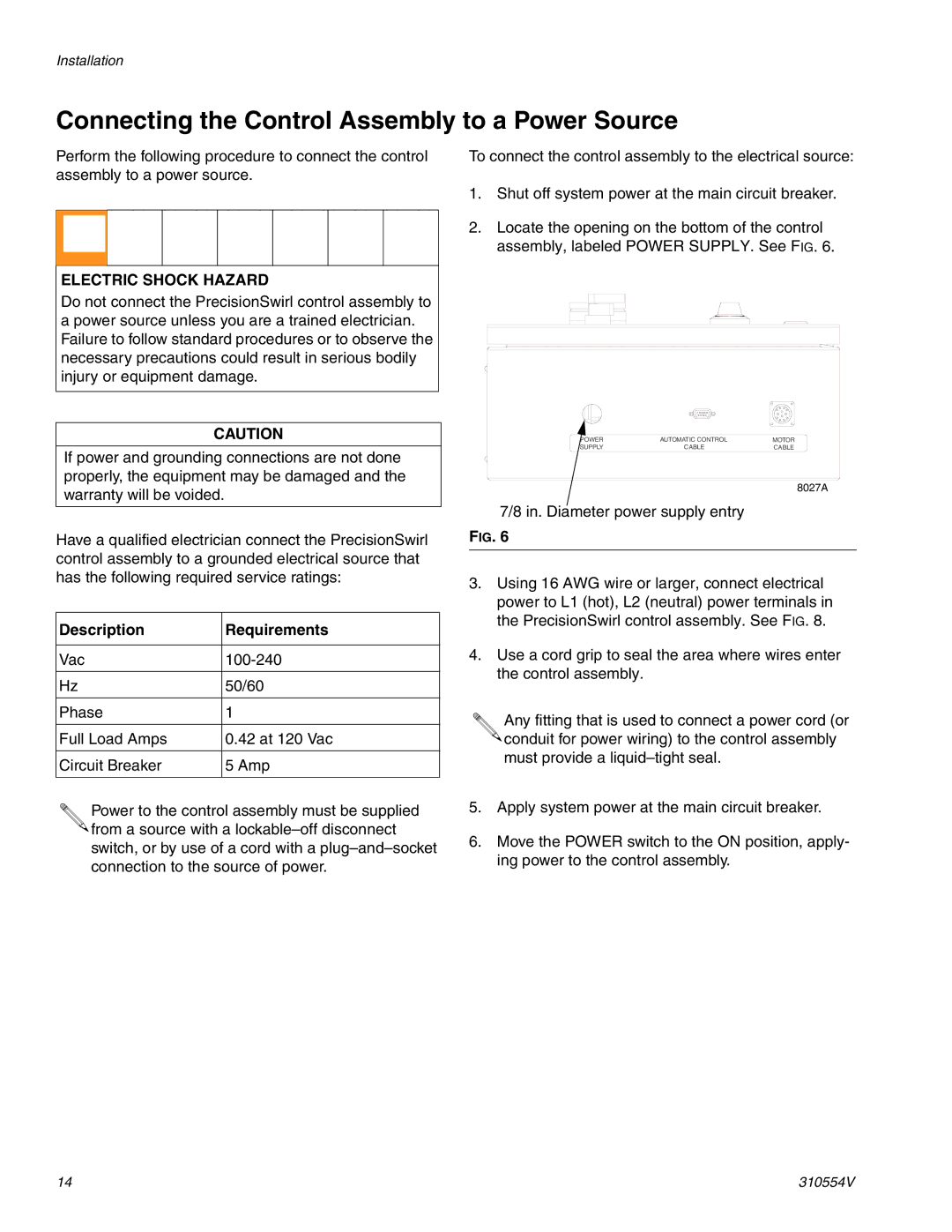 Graco 310554V Connecting the Control Assembly to a Power Source, Electric Shock Hazard, Description Requirements 