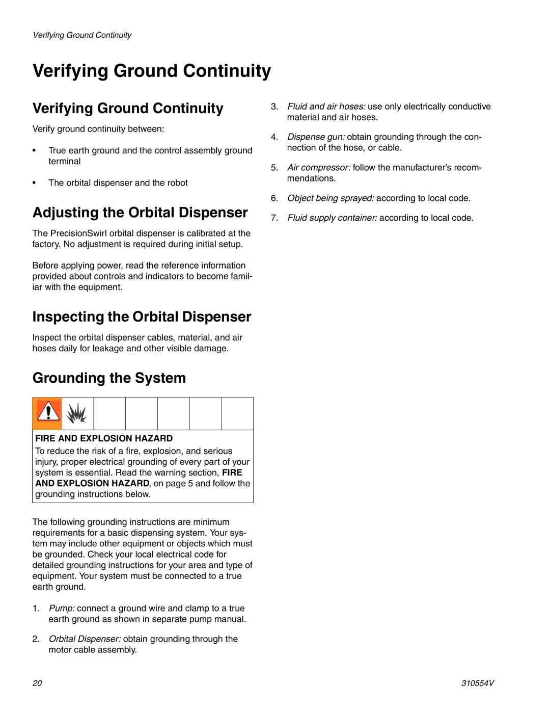 Graco 310554V Verifying Ground Continuity, Inspecting the Orbital Dispenser, Grounding the System 