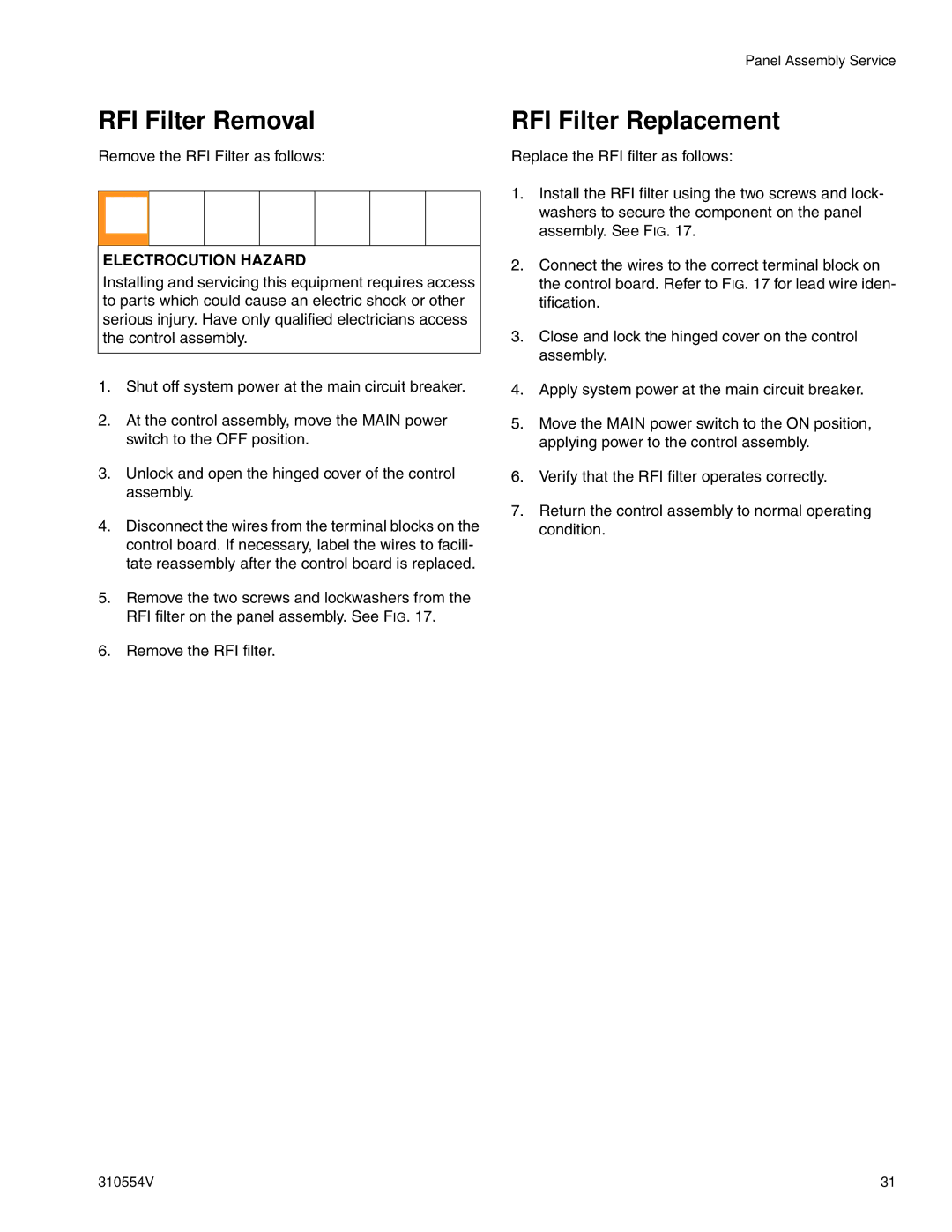 Graco 310554V important safety instructions RFI Filter Removal, RFI Filter Replacement 