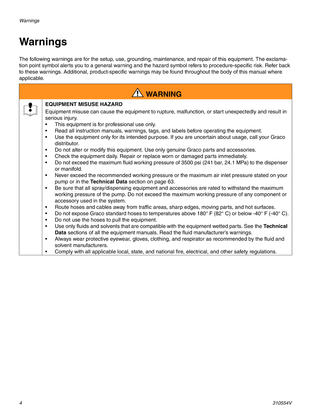 Graco 310554V important safety instructions Equipment Misuse Hazard 