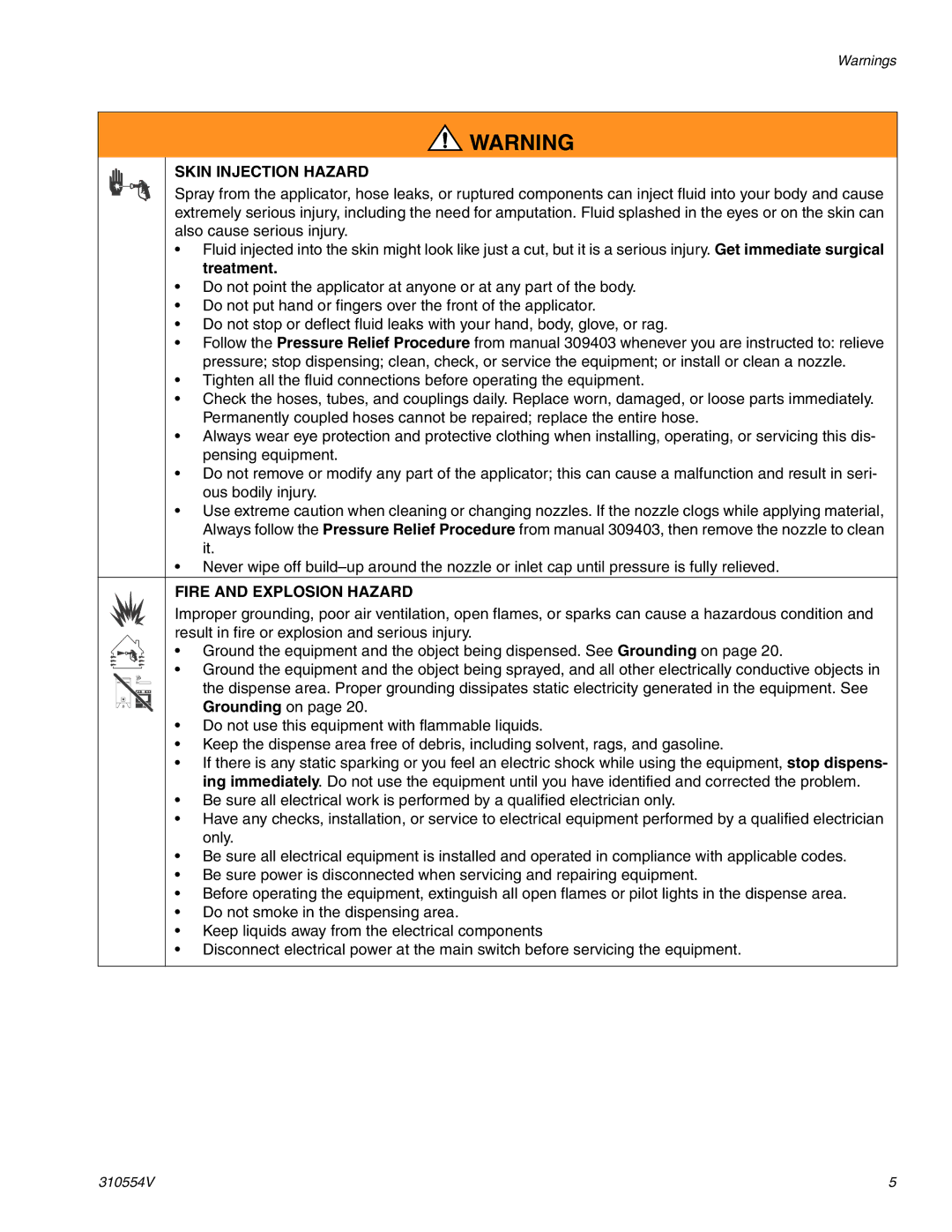 Graco 310554V important safety instructions Skin Injection Hazard, Fire and Explosion Hazard 