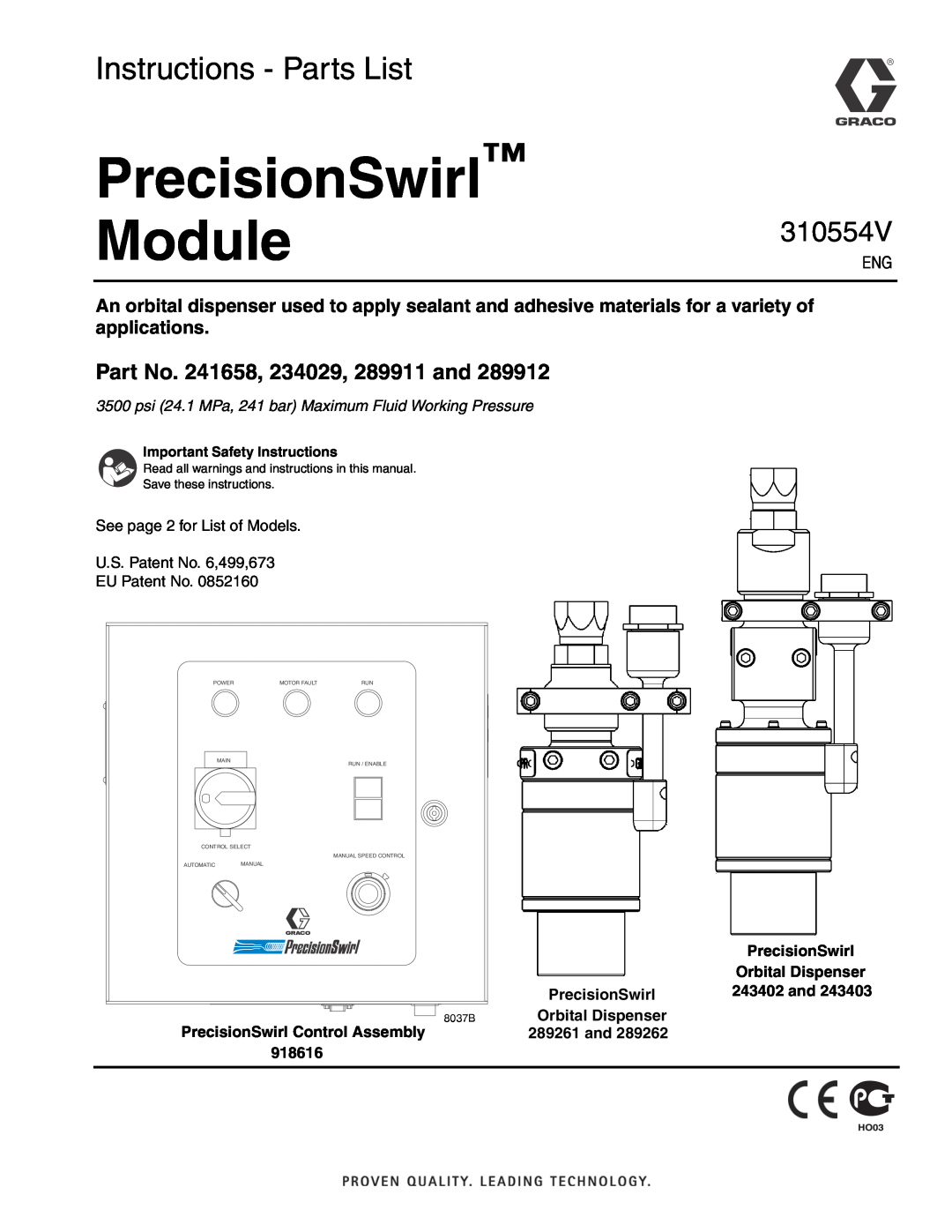 Graco 310554V important safety instructions PrecisionSwirl Module, Instructions - Parts List, 8037B 