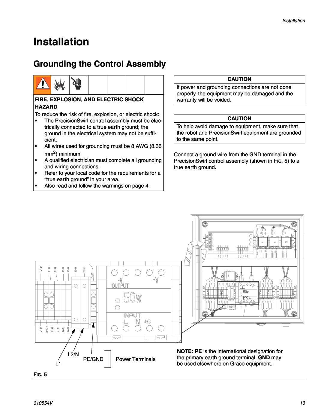 Graco 310554V important safety instructions Installation, Grounding the Control Assembly 