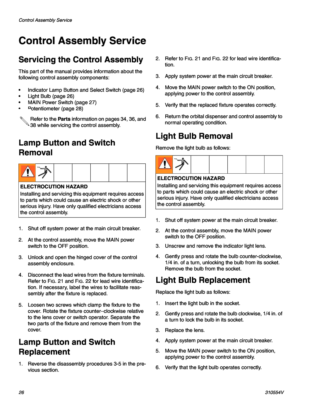 Graco 310554V Control Assembly Service, Servicing the Control Assembly, Lamp Button and Switch Removal, Light Bulb Removal 