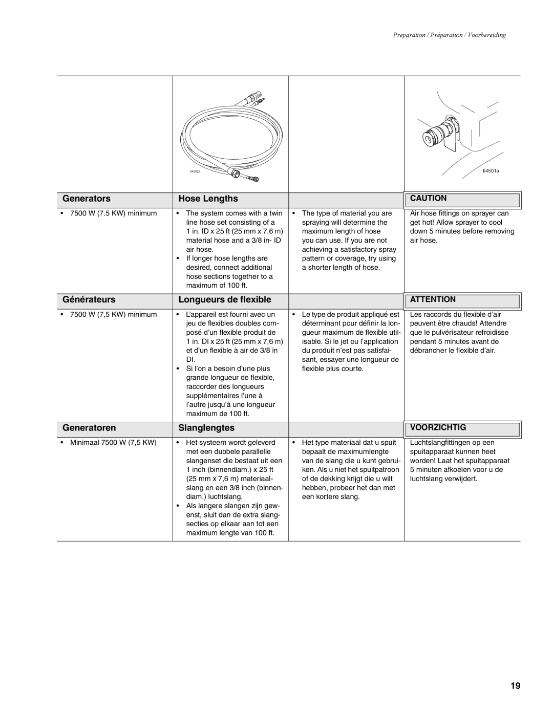 Graco 310624F manual Generators Hose Lengths, Générateurs Longueurs de flexible, Generatoren Slanglengtes 