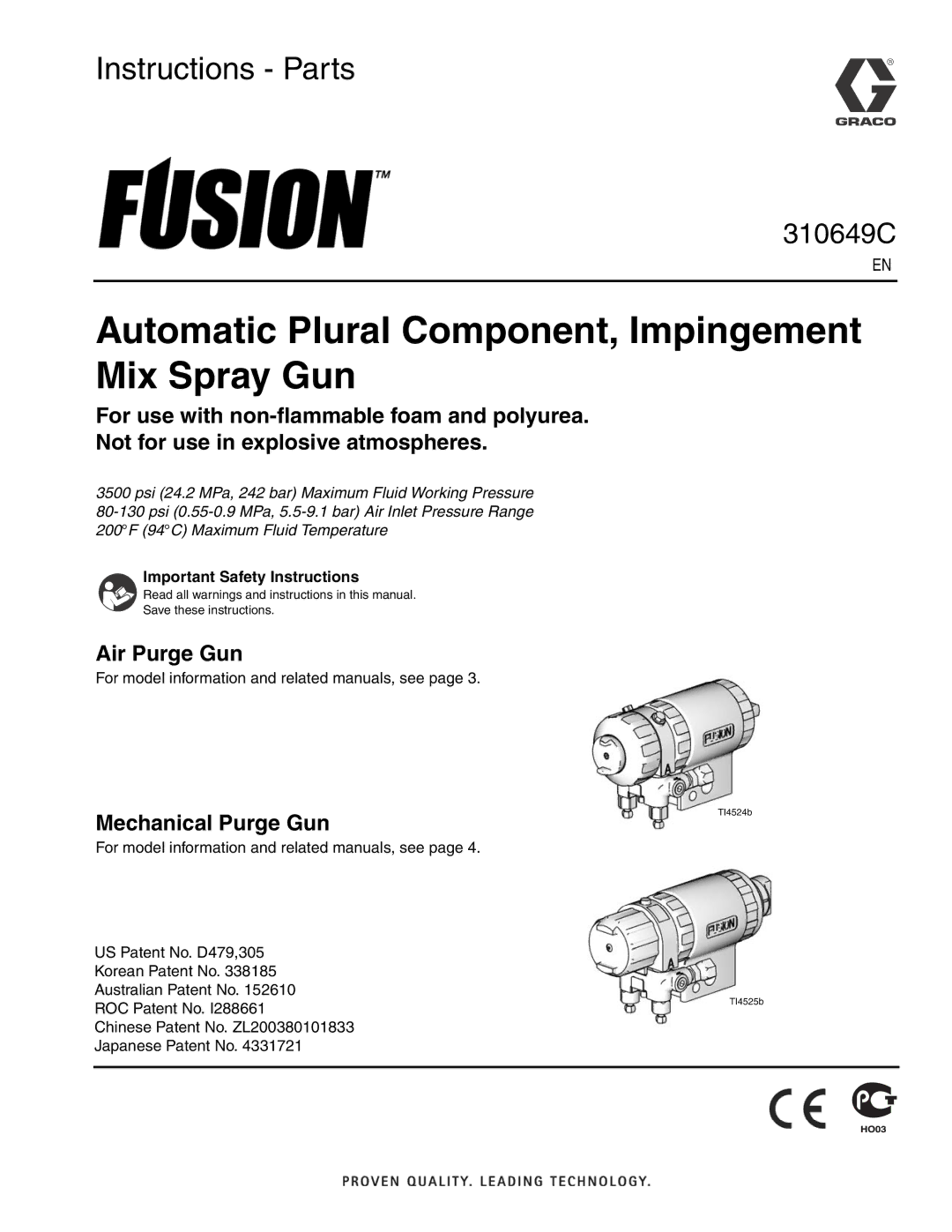 Graco 310649C important safety instructions Automatic Plural Component, Impingement Mix Spray Gun 