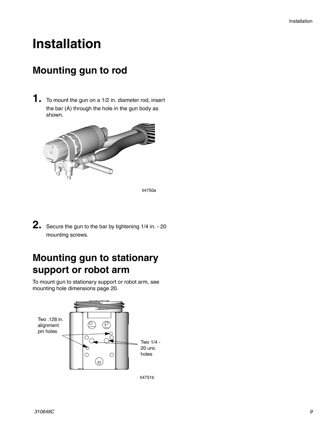 Graco 310649C Installation, Mounting gun to rod, Mounting gun to stationary support or robot arm 