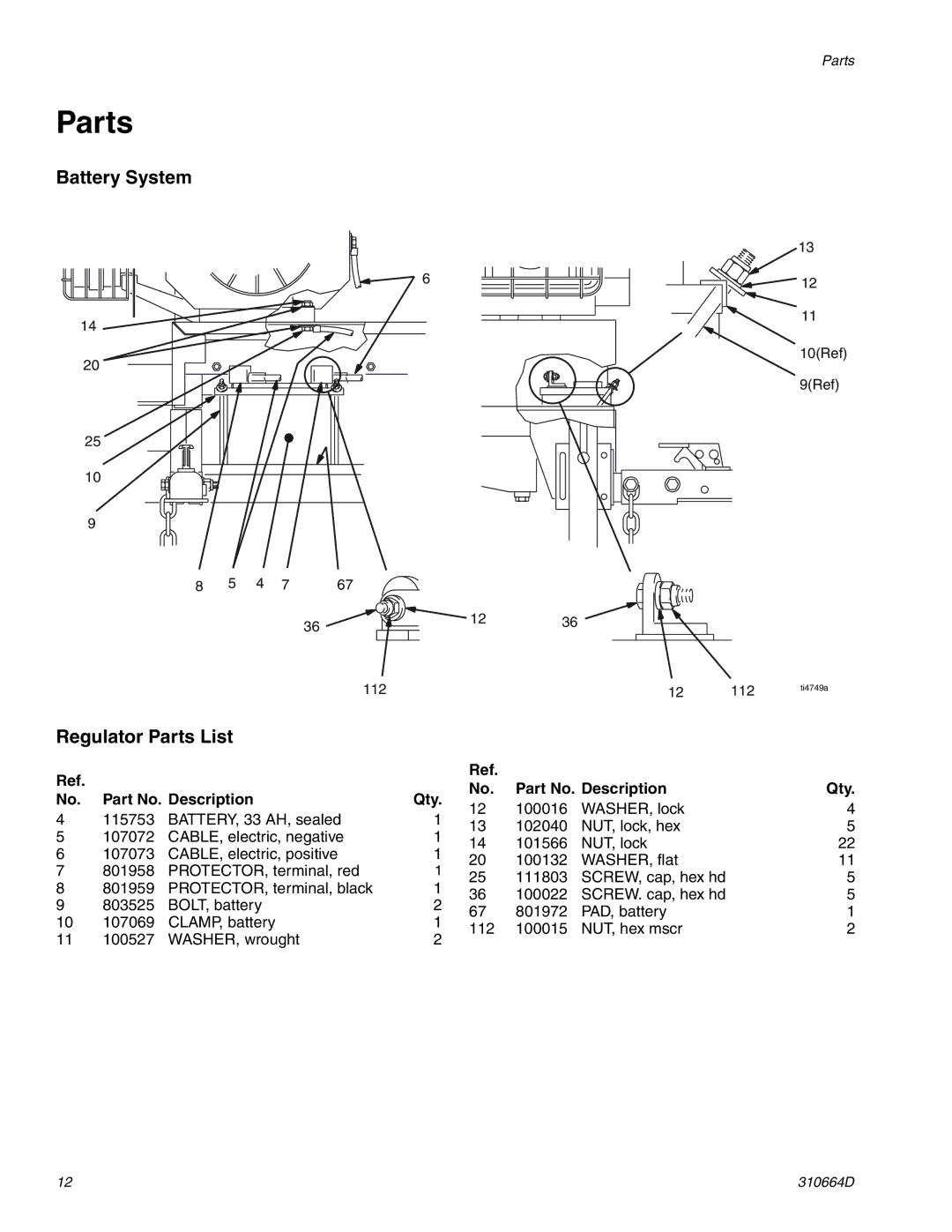 Graco 310664D operation manual Battery System, Regulator Parts List 