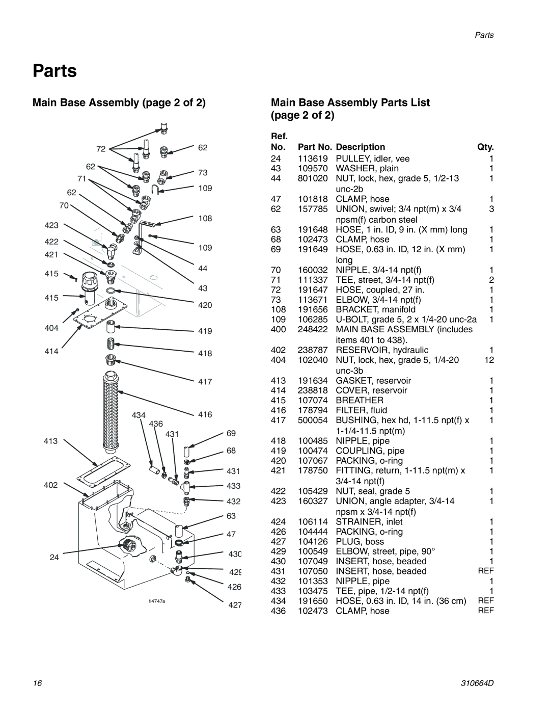 Graco 310664D operation manual Main Base Assembly page 2 Main Base Assembly Parts List, Breather 