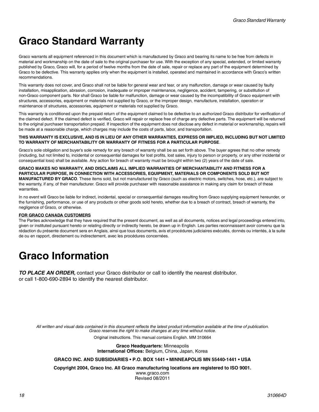 Graco 310664D operation manual Graco Standard Warranty, Graco Information 