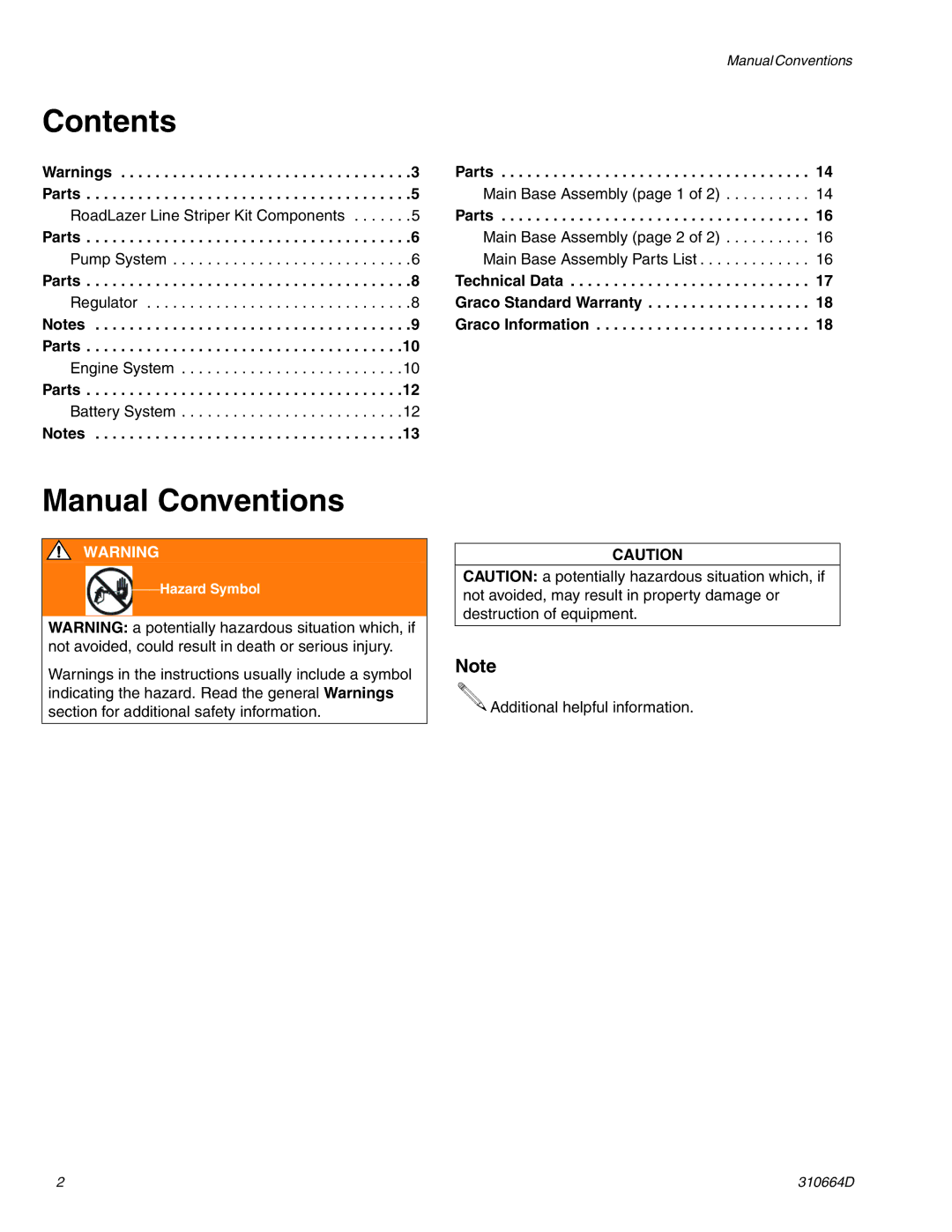 Graco 310664D operation manual Manual Conventions, Contents 