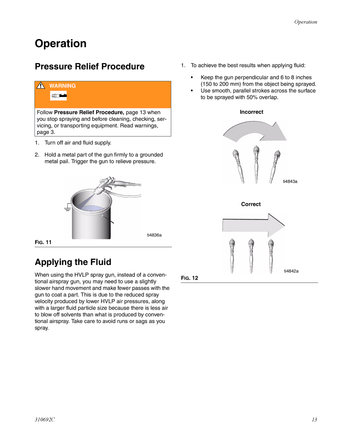 Graco 310692C manual Operation, Pressure Relief Procedure, Applying the Fluid, Incorrect, Correct 