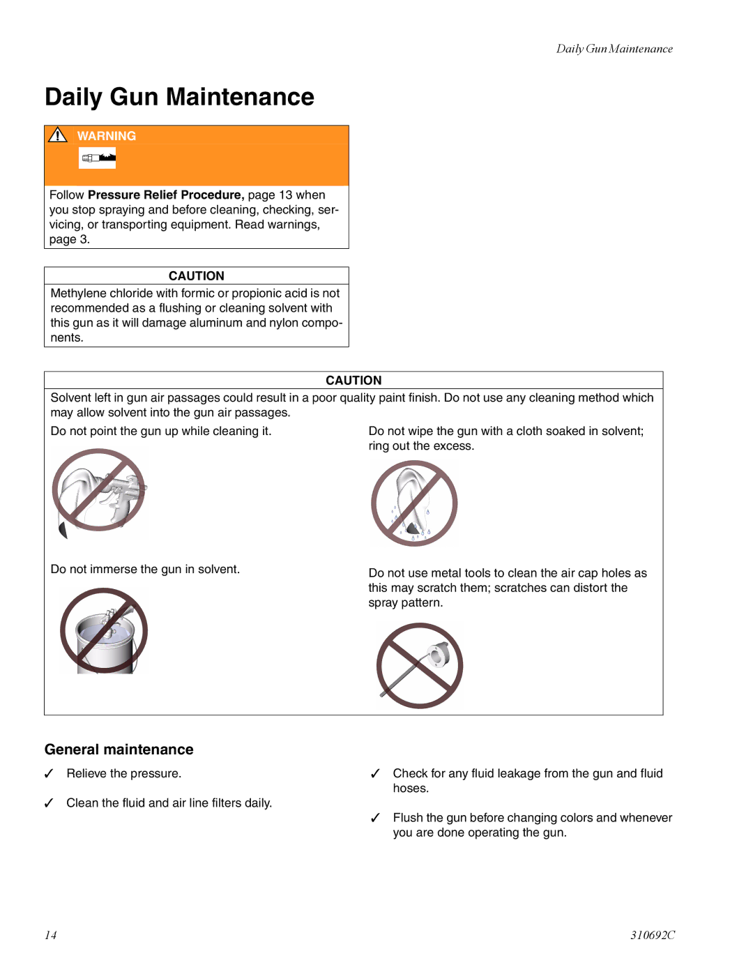Graco 310692C manual Daily Gun Maintenance, General maintenance 