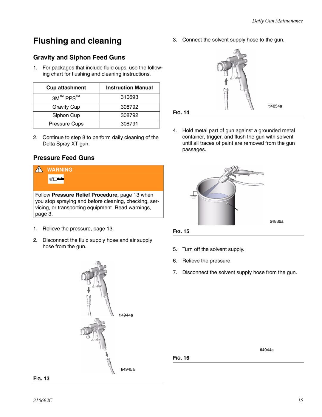 Graco 310692C manual Flushing and cleaning, Gravity and Siphon Feed Guns, Pressure Feed Guns 