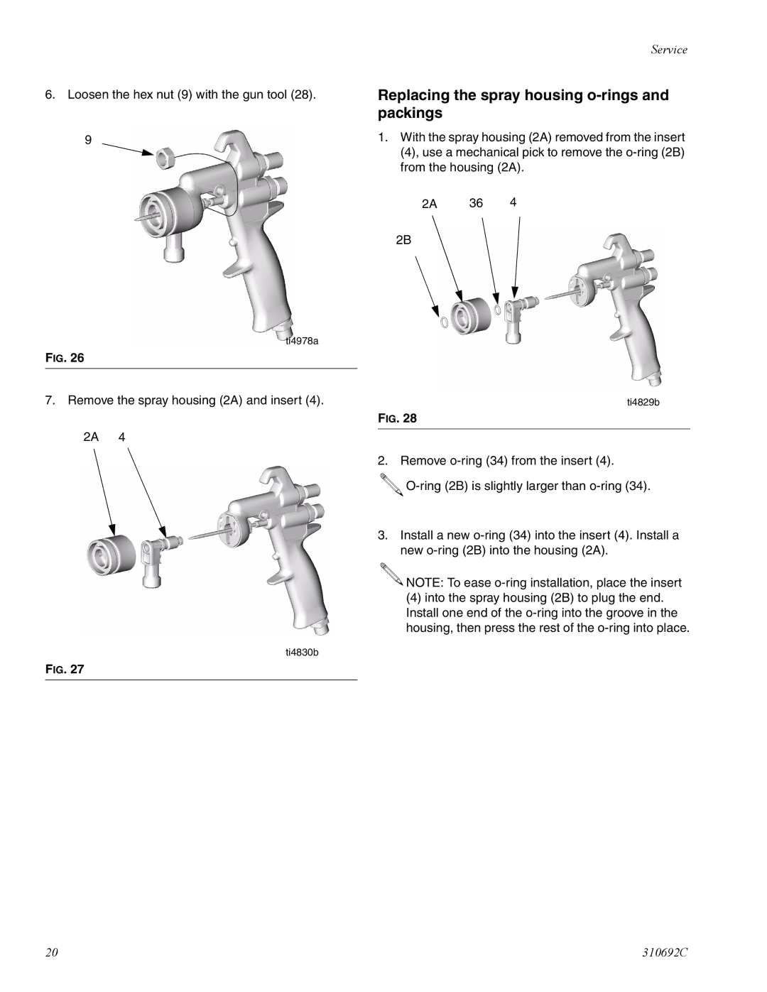 Graco 310692C manual Replacing the spray housing o-rings and packings 