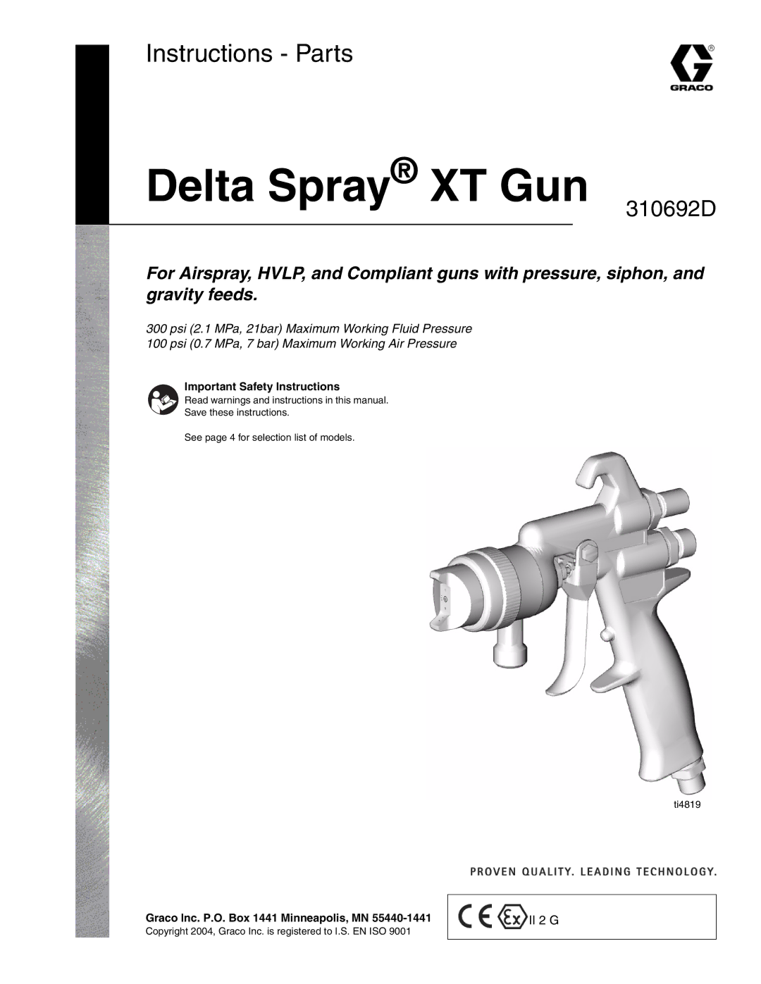 Graco 310692D important safety instructions Delta Spray XT Gun 