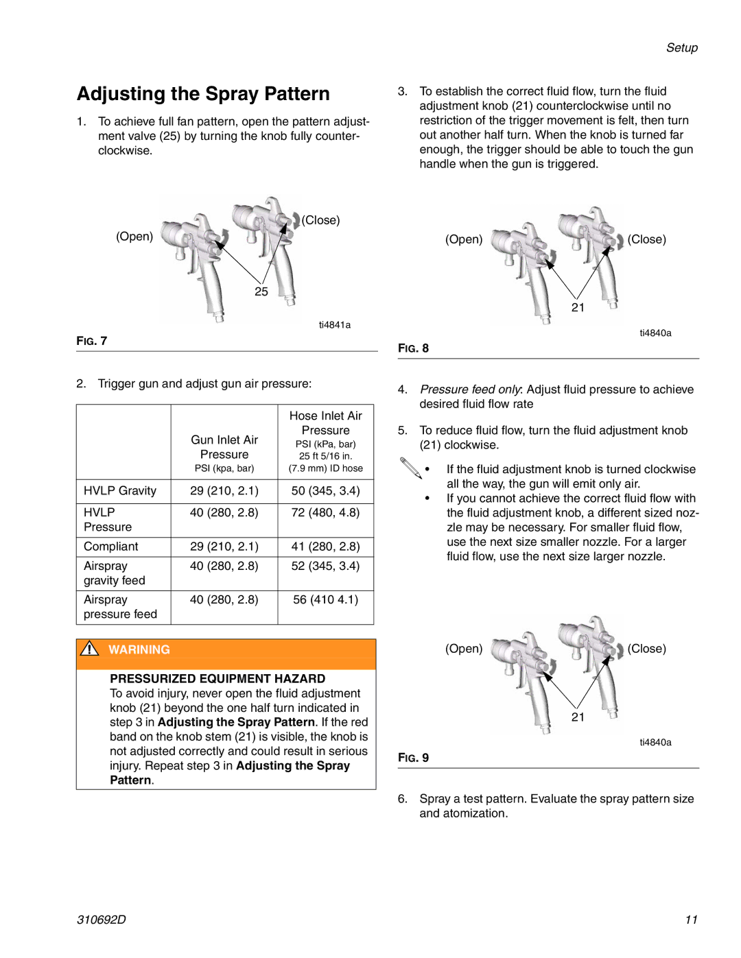 Graco 310692D important safety instructions Adjusting the Spray Pattern, Warining 