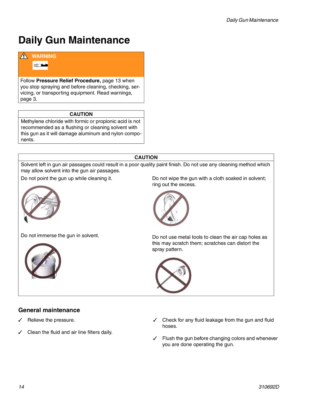 Graco 310692D important safety instructions Daily Gun Maintenance, General maintenance 