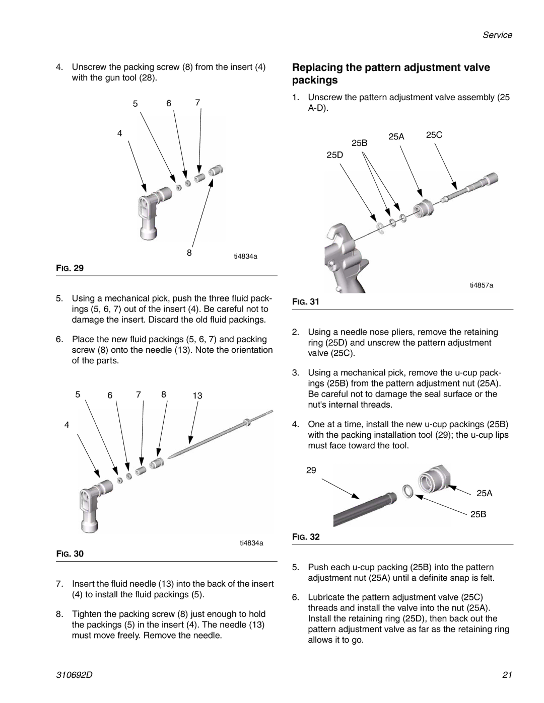 Graco 310692D important safety instructions Replacing the pattern adjustment valve packings 