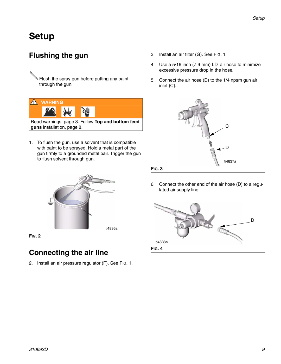 Graco 310692D important safety instructions Setup, Flushing the gun, Connecting the air line 