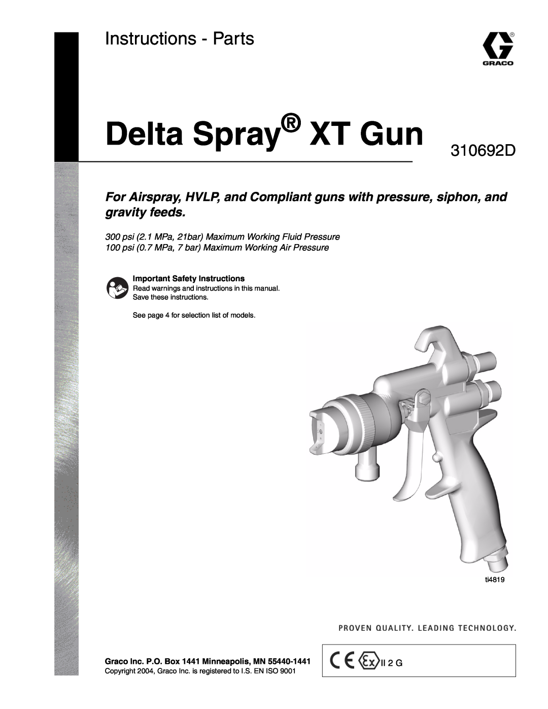 Graco 310692D important safety instructions Delta Spray XT Gun, Instructions - Parts 